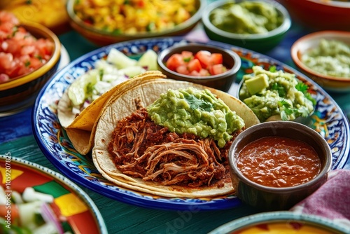 Authentic homemade Mexican tacos filled with pulled pork chili con carne accompanied by tomato salad and avocado dip