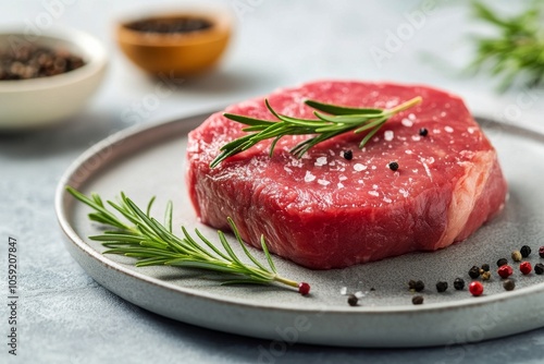 Fresh raw beef steak with herbs and spices on a gray plate at a kitchen setting