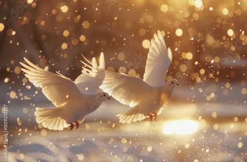 Two White Doves Soaring in Golden Light at Sunset