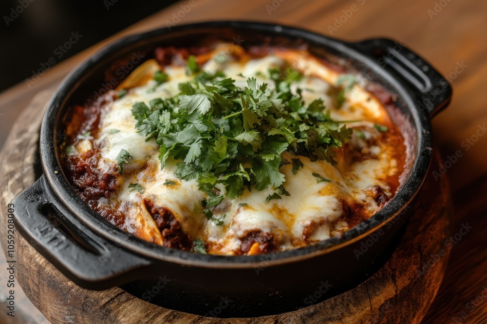 Authentic Mexican beef enchiladas layered with tortillas baked with cheese and tomato sauce topped with fresh cilantro Authentic Mexican beef enchiladas layered with tortillas baked with cheese and tomato sauce topped with fresh cilantro