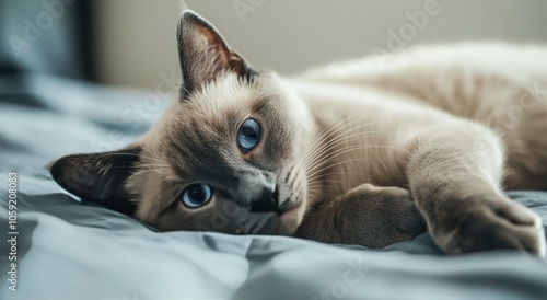 A relaxed Siamese cat lounging on a cozy bed in a serene bedroom setting in t...