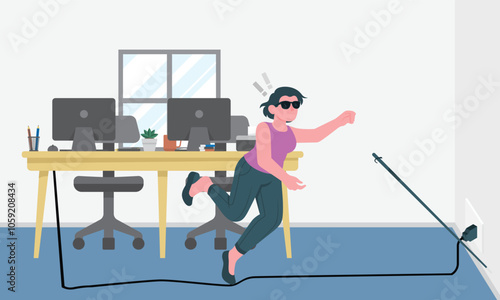 blind person falling by cable and electric cable trap with blind person falling and impaired vision tripping over a wayward computer cable at office.The importance of cable management to prevent falls