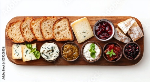 Artfully arranged selection of cheeses, spreads, and bread on a wooden board ...