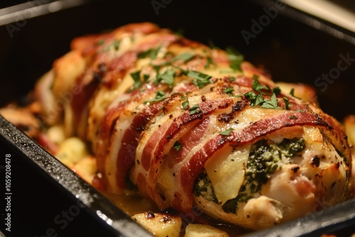 Bacon wrapped chicken breast filled with cheese and spinach roasted photo