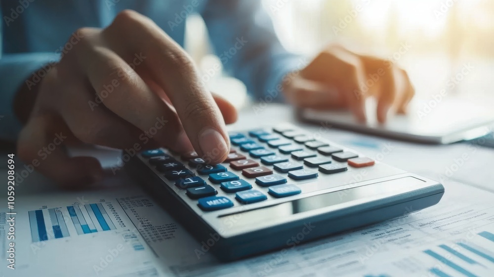 A person using a financial calculator to plan for retirement savings and investment growth A person using a financial calculator to plan for retirement savings and investment growth