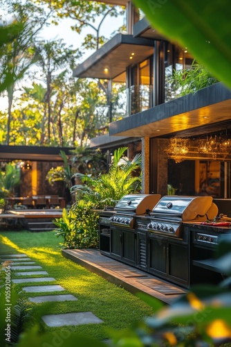 Outdoor picnic table set with drinks in a lush garden during late afternoon