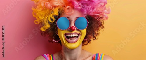 Woman Wearing Colorful Wig and Glasses Laughs Against Pink Background