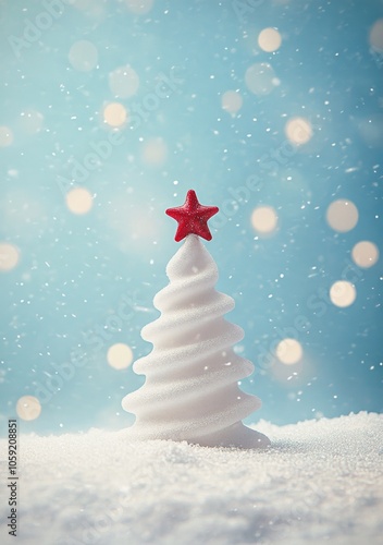 Snowy Christmas tree adorned with a red star amidst soft winter bokeh lights