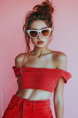 Young woman in red outfit poses against a pink background during daylight