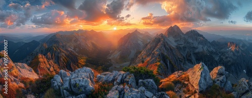 Sunset Over Mountain Ridge With Golden Hour Light