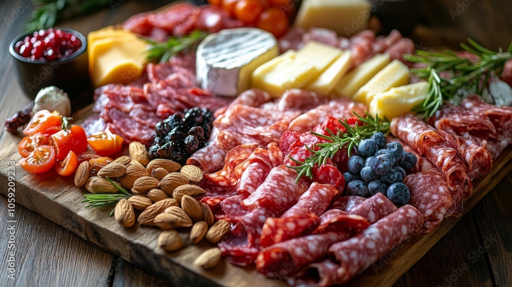 Charcuterie board featuring assorted meats, cheeses, fruits, and nuts on a wooden table Charcuterie board featuring assorted meats, cheeses, fruits, and nuts on a wooden table