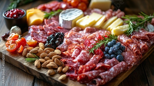 Charcuterie board featuring assorted meats, cheeses, fruits, and nuts on a wo...