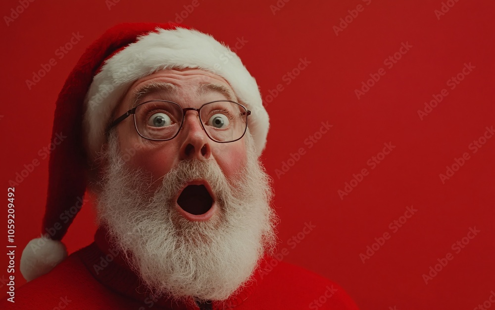 A surprised Santa Claus with wide eyes and an open mouth, wearing a traditional red suit and hat, against a vibrant red background. A surprised Santa Claus with wide eyes and an open mouth, wearing a traditional red suit and hat, against a vibrant red background.