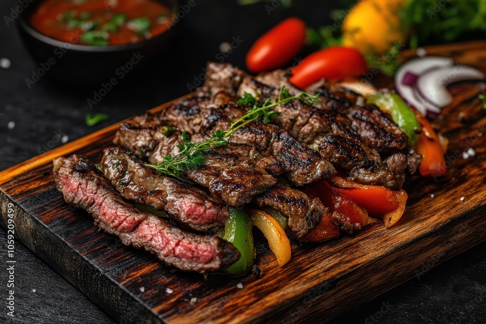 Beef steak and veggie quesadilla served on a wooden board Beef steak and veggie quesadilla served on a wooden board