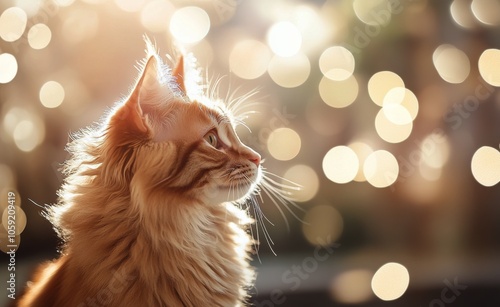 A majestic orange cat sitting gracefully in soft, illuminated surroundings du...