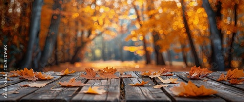 Wooden Tabletop With Fallen Leaves in Autumn Forest
