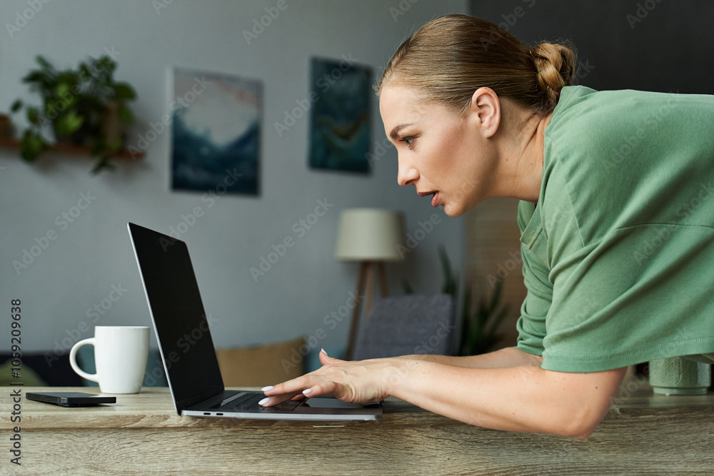 A young plus size woman concentrates on her laptop while sitting in a cozy home environment. A young plus size woman concentrates on her laptop while sitting in a cozy home environment.