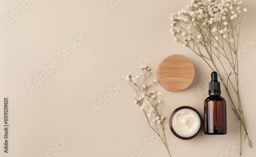 Brown Glass Dropper Bottle and Wooden Cream Jar With White Flowers