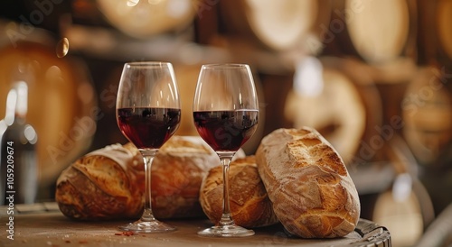 Two Glasses of Red Wine With Freshly Baked Bread and Grapes on Wooden Table