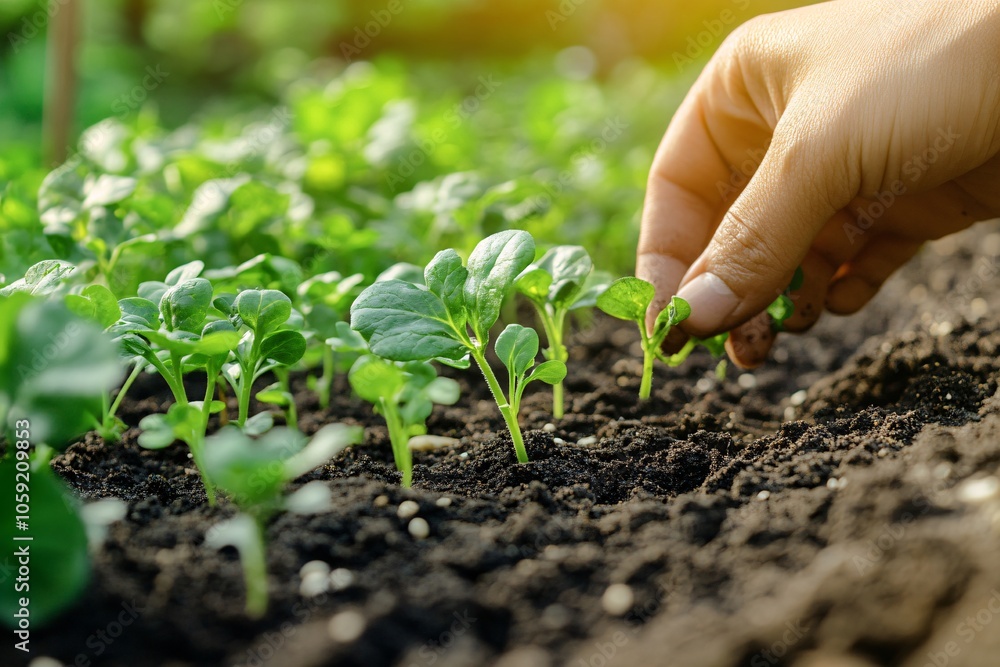 A hand planting seeds in soil, garden, natural lighting, close-up, side view 3 A hand planting seeds in soil, garden, natural lighting, close-up, side view 3