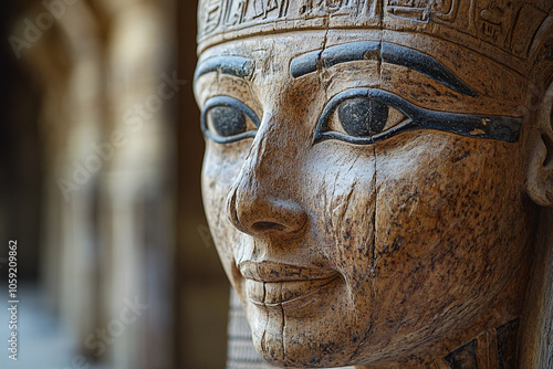 Egyptian pharaoh statue with intricate carvings.