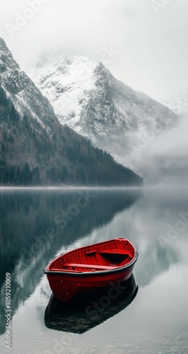 A solitary red boat anchored in calm waters surrounded by misty snow-covered ...