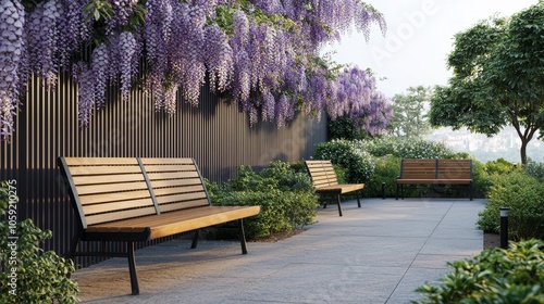Serene park scene with wooden benches, vibrant wisteria flowers, and lush greenery, perfect for relaxation in nature.