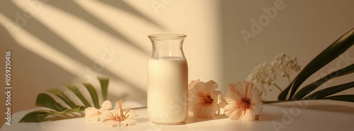Natural light illuminating a bottle and glass of milk with delicate flowers n...