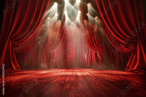 Red Stage Curtains With Spotlights and Falling Petals