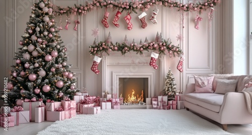 A festive living room adorned with pink and gold Christmas decor and gifts fo...