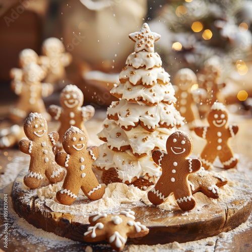 gingerbread tree and gingerbread men close-up on the holiday table