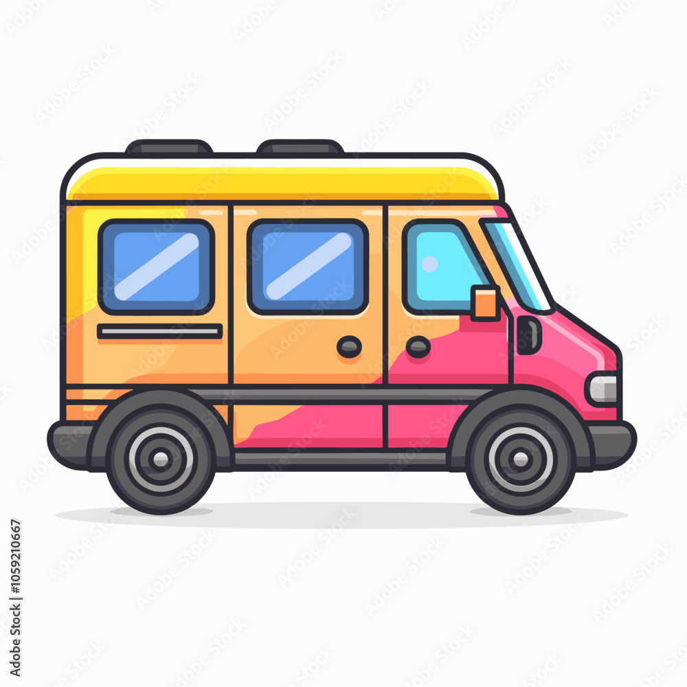 Bright orange and yellow van with a white stripe. The van is parked on a white background Bright orange and yellow van with a white stripe. The van is parked on a white background