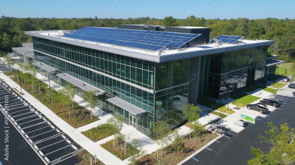 A picture shows an office building with solar panels on the roof. Money is falling from the sky, suggesting the building is saving money with solar energy. A picture shows an office building with solar panels on the roof. Money is falling from the sky, suggesting the building is saving money with solar energy.