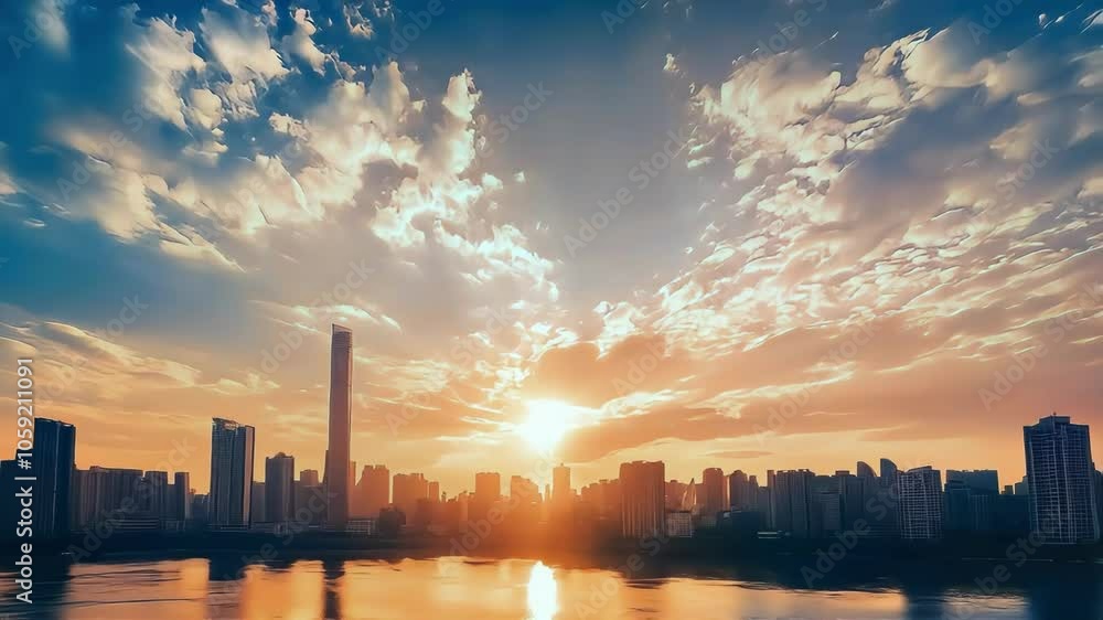 Breathtaking skyline at dusk with vibrant clouds, reflecting tranquility over water. Breathtaking skyline at dusk with vibrant clouds, reflecting tranquility over water.