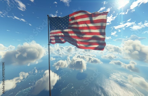 American Flag Waving in the Wind Against a Blue Sky