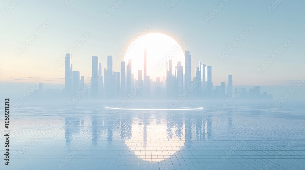 Urban Illusion: Commercial CBD Skyline with Exhibition Platforms and E-Commerce Under a Brilliant Sun Urban Illusion: Commercial CBD Skyline with Exhibition Platforms and E-Commerce Under a Brilliant Sun