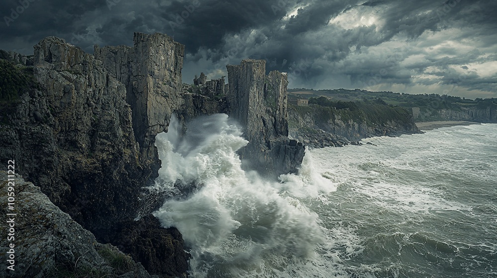 Rocky Coastline with Waves and Stormy Sky Over Towering Cliffs Rocky Coastline with Waves and Stormy Sky Over Towering Cliffs