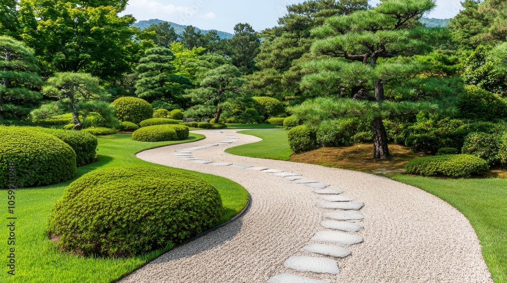 Obraz premium A serene pathway winding through a beautifully manicured garden, featuring lush greenery and carefully arranged shrubs.