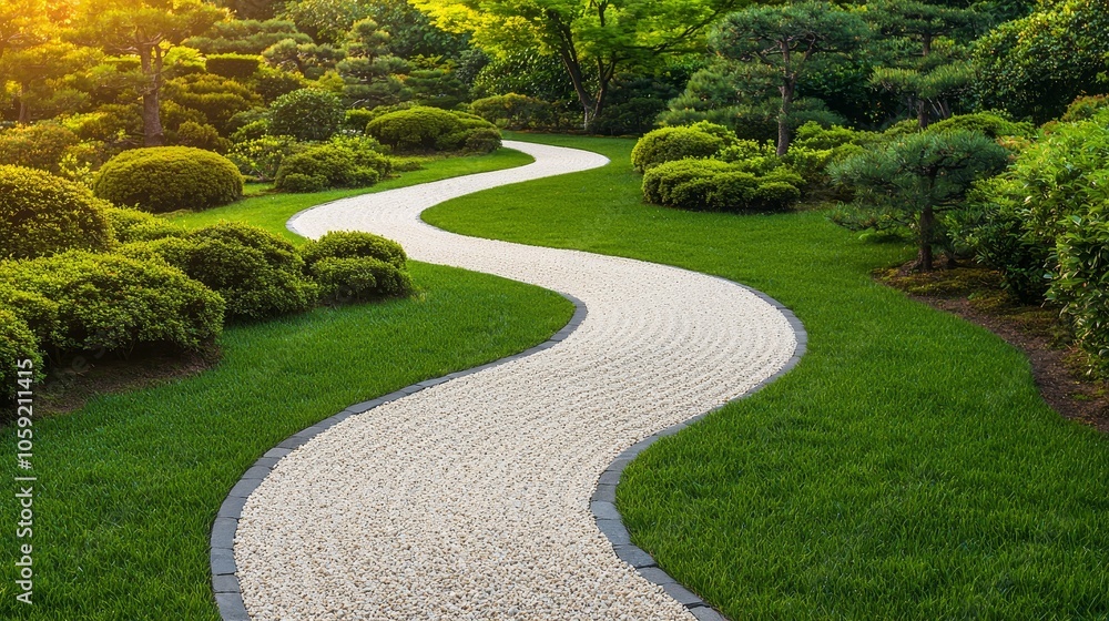 A serene winding path made of stones surrounded by lush greenery and vibrant shrubbery in a tranquil park setting. A serene winding path made of stones surrounded by lush greenery and vibrant shrubbery in a tranquil park setting.