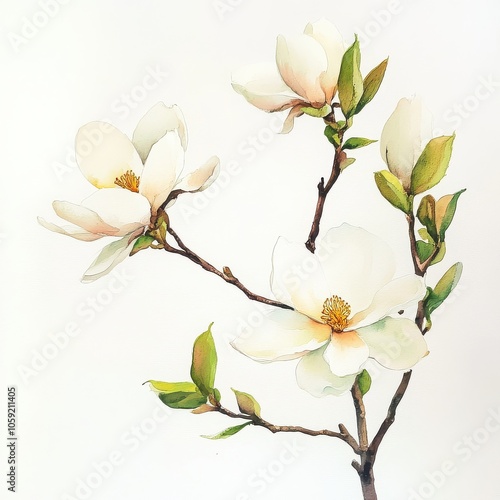 Watercolor magnolia branch, gentle, elegant on white background 