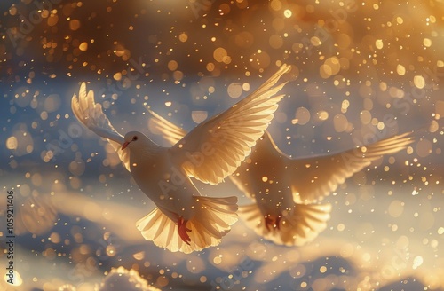 Two White Doves Soaring in Golden Light at Sunset