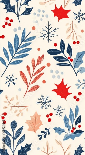 Colorful winter foliage pattern with red, blue, and cream tones featuring ber...