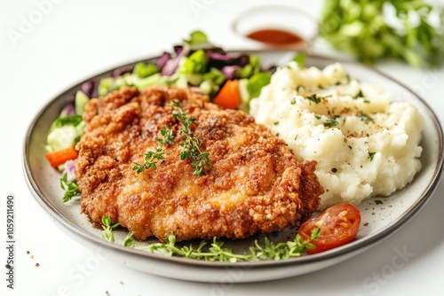 Breaded chicken or schnitzel with mashed potatoes and veggie salad on a white plate