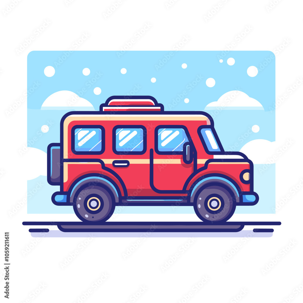 Red car with a roof rack is driving down a snowy road. The car is parked on the side of the road, and the sky is cloudy Red car with a roof rack is driving down a snowy road. The car is parked on the side of the road, and the sky is cloudy