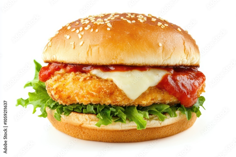 Breaded chicken parmesan on a sesame bun with melted cheese and sauce Breaded chicken parmesan on a sesame bun with melted cheese and sauce