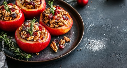 Deliciously baked apples filled with nuts and dried fruits on a dark table se...