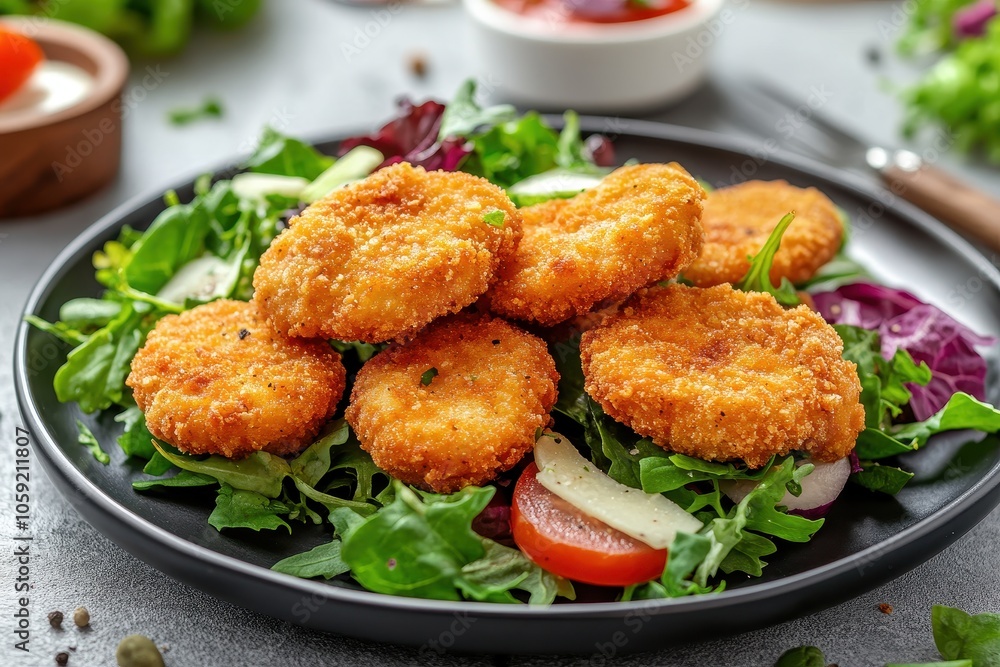 Breaded chicken nuggets and schnitzels with salad on a white backdrop Quick home cooked meal Breaded chicken nuggets and schnitzels with salad on a white backdrop Quick home cooked meal