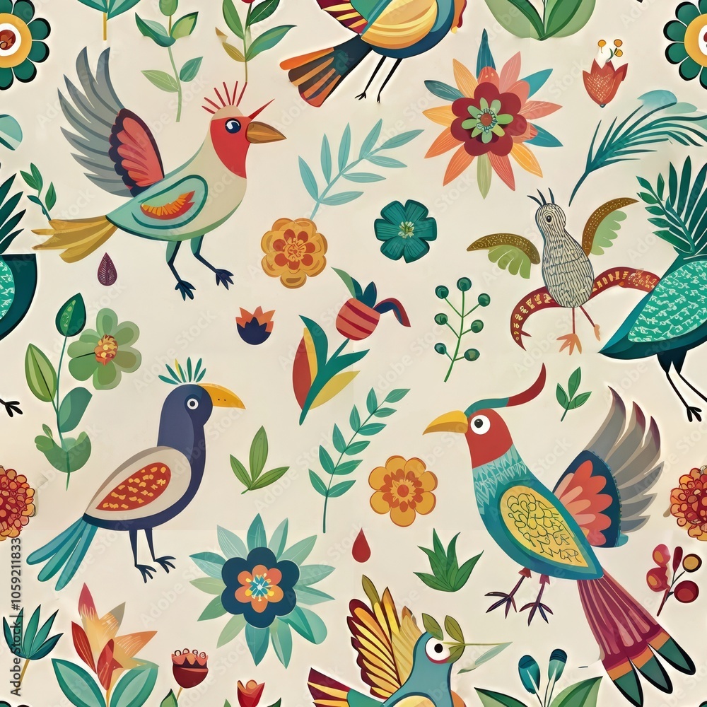 Vibrant birds and floral patterns in playful botanical design Vibrant birds and floral patterns in playful botanical design