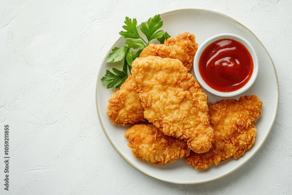 Breaded chicken schnitzel on a plate with sauce photographed from above against a light background with empty space Breaded chicken schnitzel on a plate with sauce photographed from above against a light background with empty space
