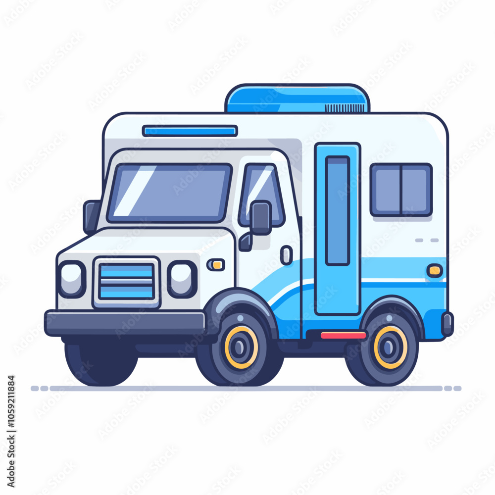 White and blue truck with a blue roof. The truck is parked on a white background. The truck is a camper van White and blue truck with a blue roof. The truck is parked on a white background. The truck is a camper van